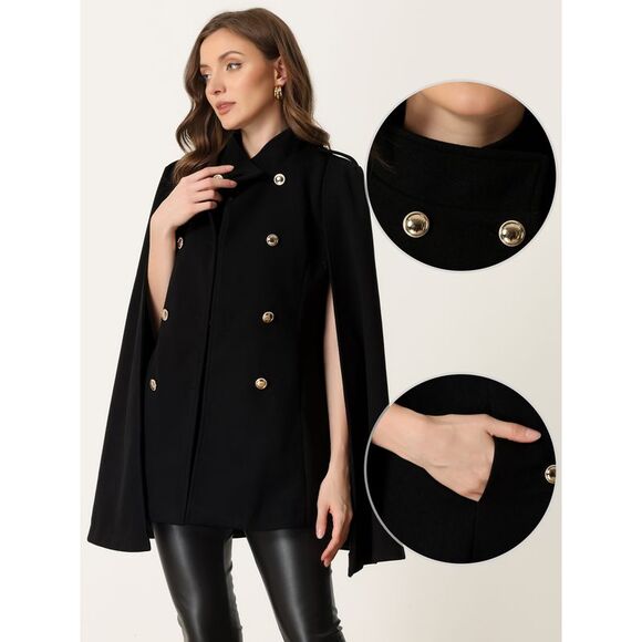 Cape Coats Winter Slit Sleeve Double Breasted Cloak Coat Black - Picture 2 of 6